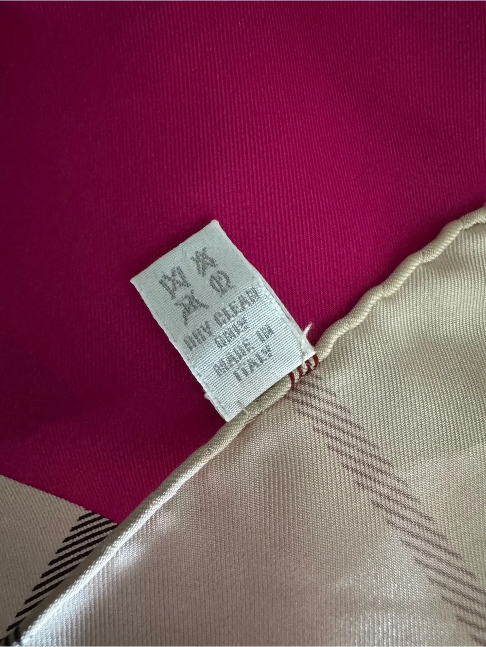 Burberry Beige Plaid Silk Scarf with Fuchsia Border